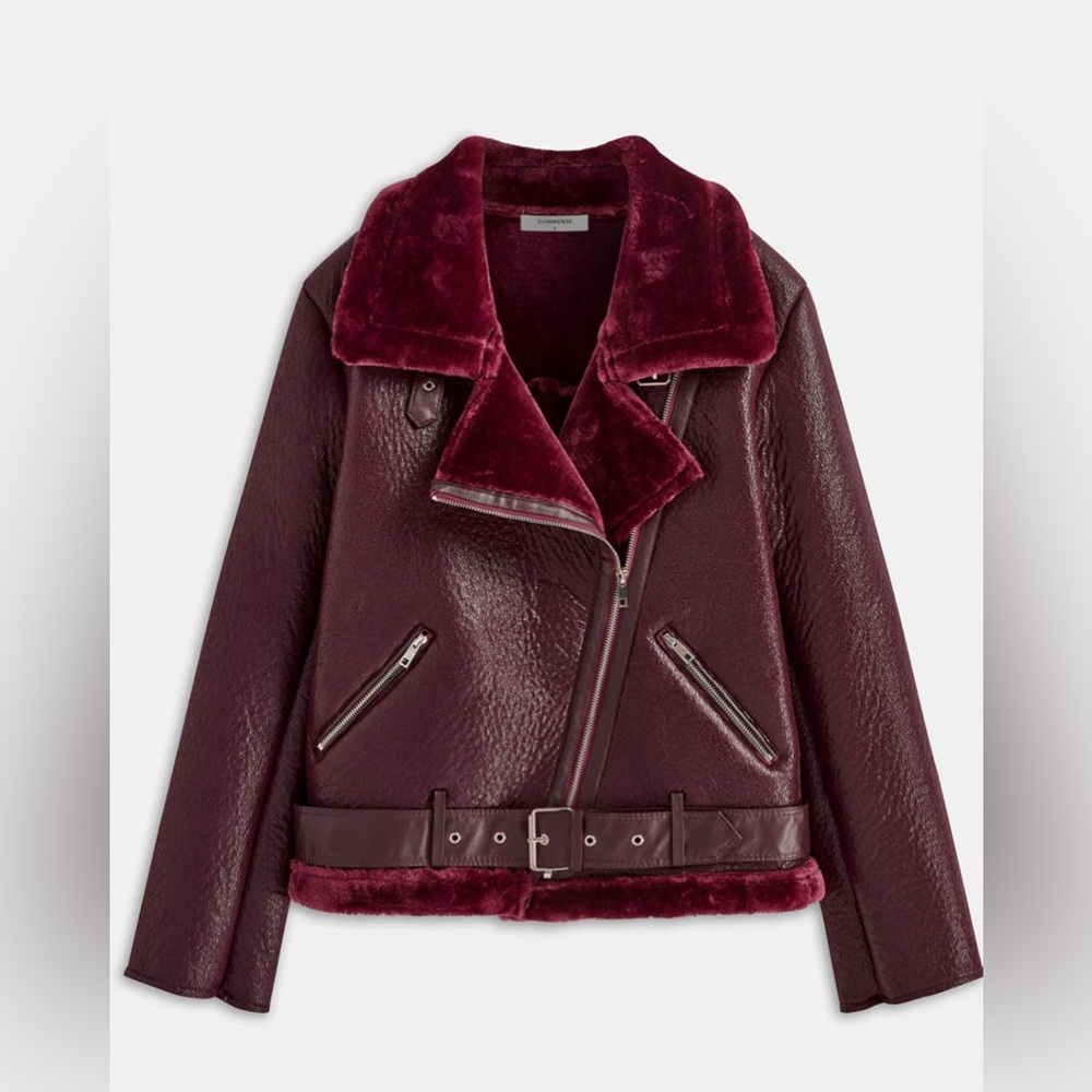 Burgundy Faux Leather Aviator Jacket